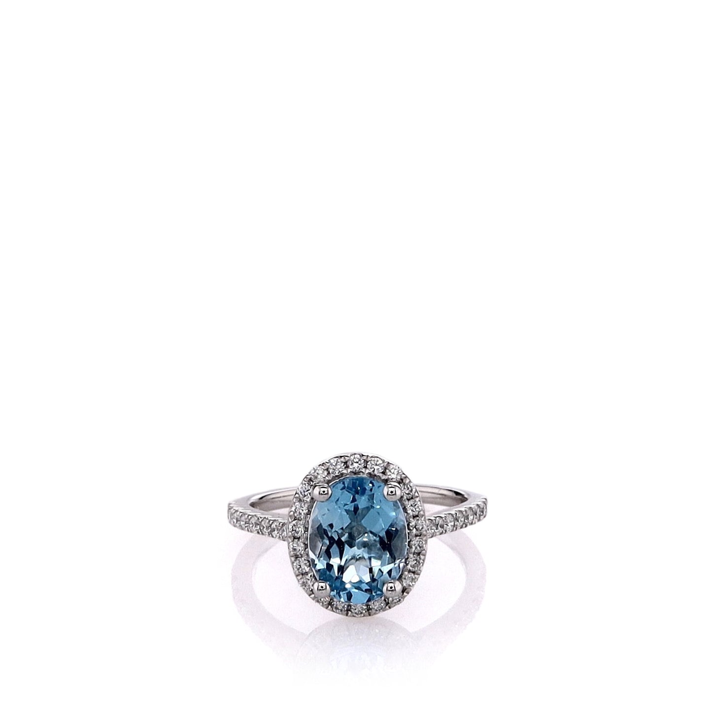 14k White Gold Oval Blue Topaz and Diamond Halo Ring