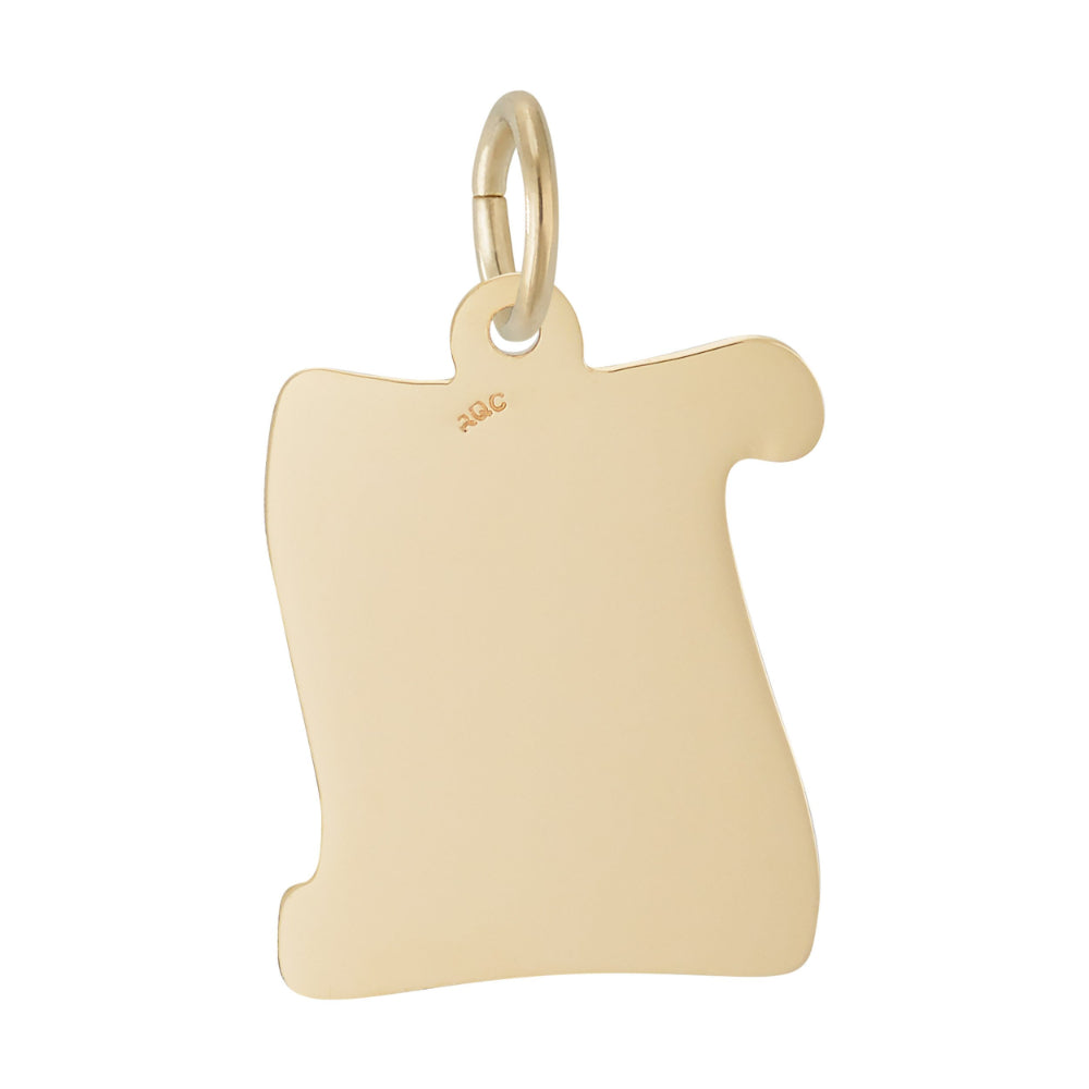 Back of a silver charm in the shape of a diploma 