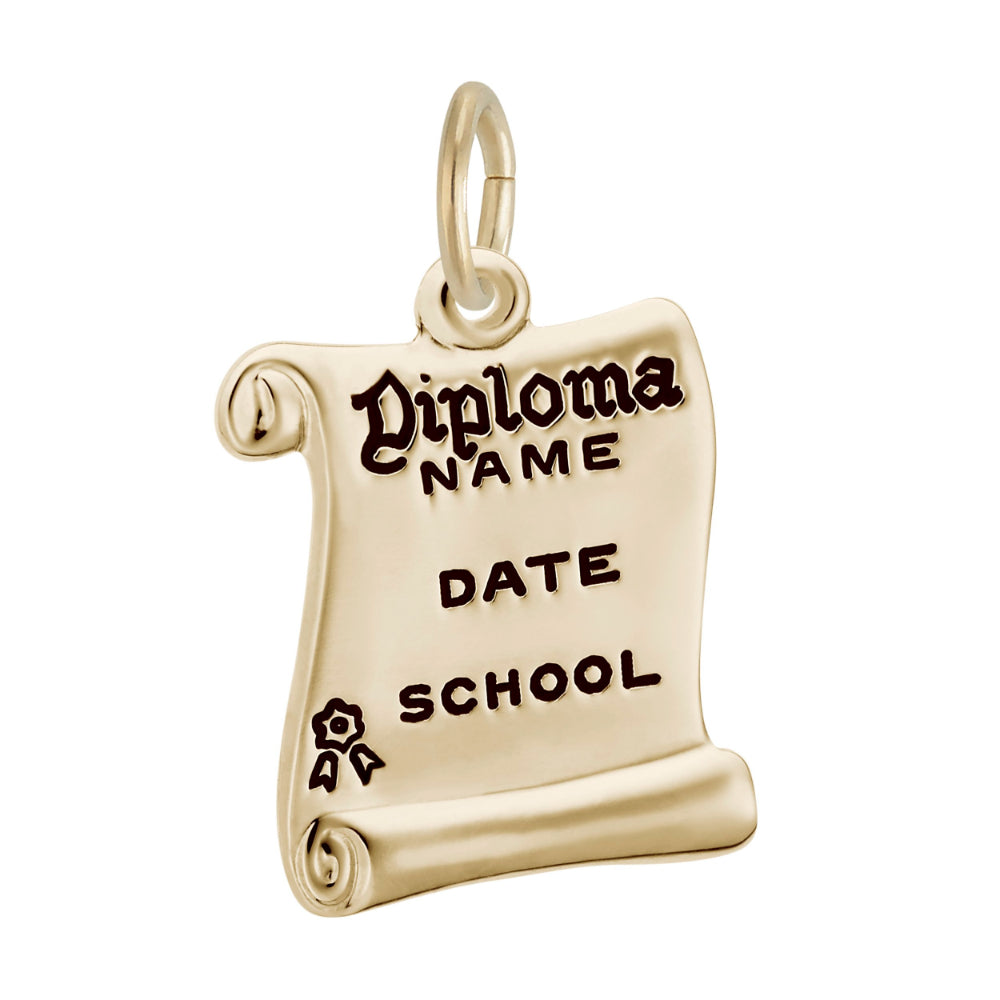 A gold charm in the shape of a diploma with spaces for a name, date, and school.