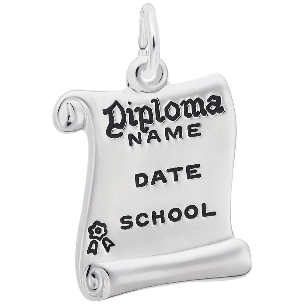 A silver charm in the shape of a diploma with spaces for a name, date, and school.
