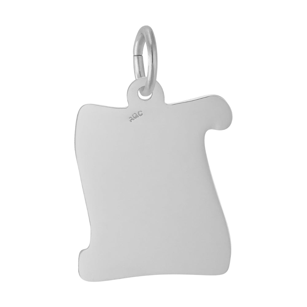 Back of a silver charm in the shape of a diploma 