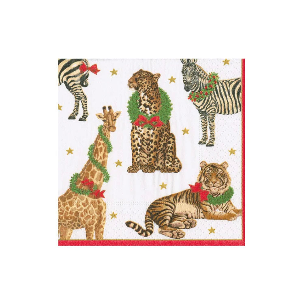 Caspari Wild Christmas Ivory Cocktail Napkins - Pack of 20