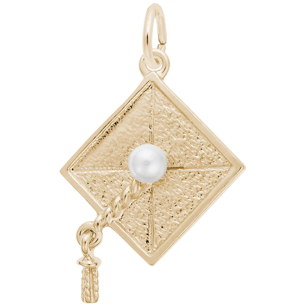Gold charm in the shape of a graduation cap with a pearl embellishment.
