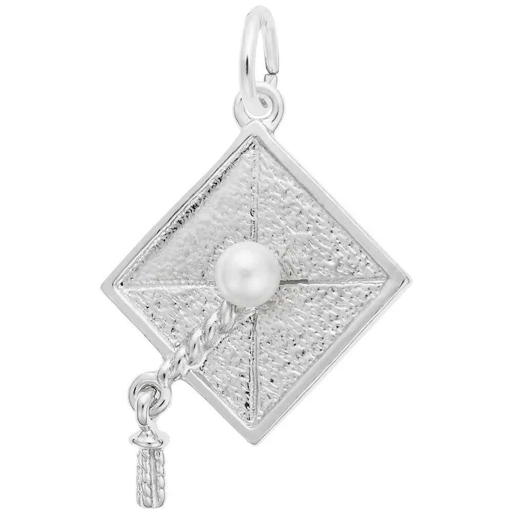 Silver charm in the shape of a graduation cap with a pearl embellishment.