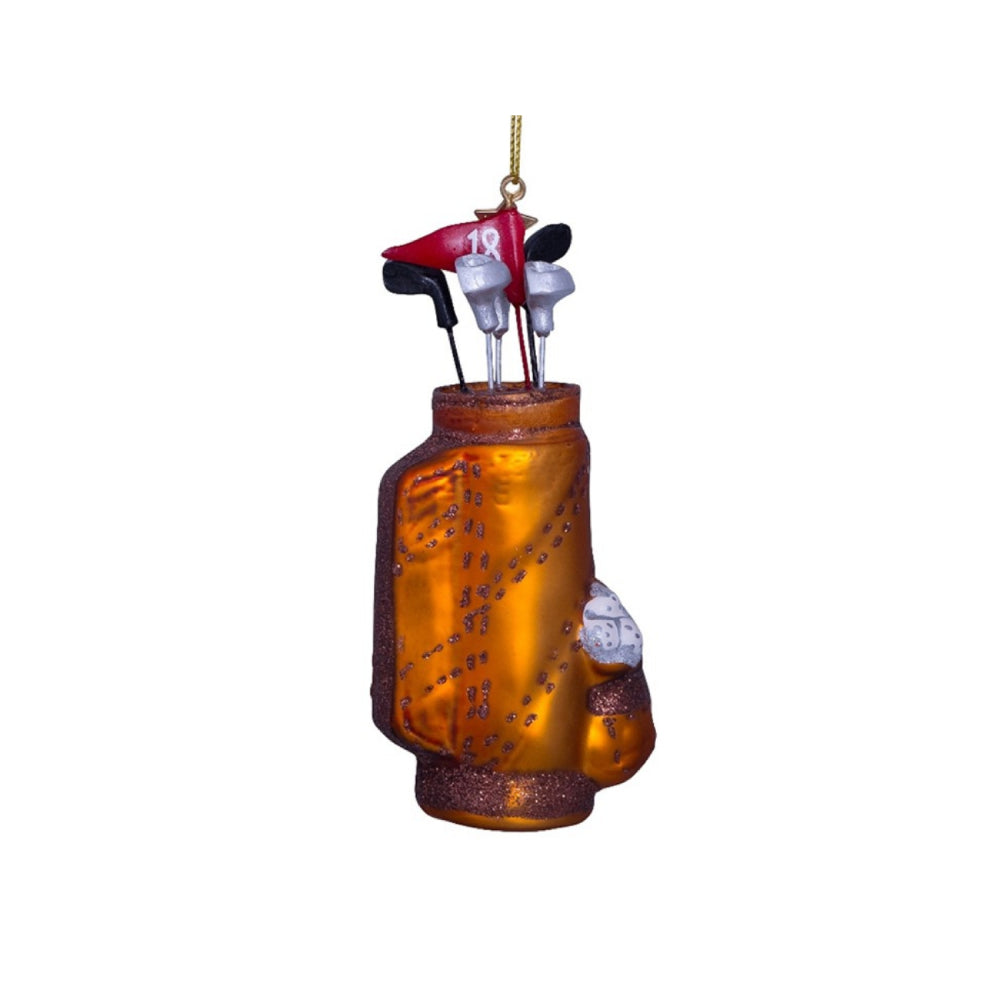 Decorative ornament of a golf bag with clubs on a white background
