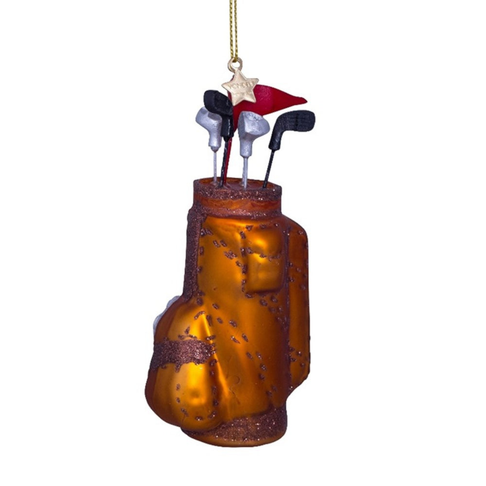 Golf bag ornament with golf clubs and a flag on a white background