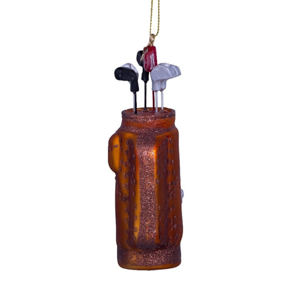 Decorative ornament shaped like a brown golf bag with golf club and ball figures on a white background