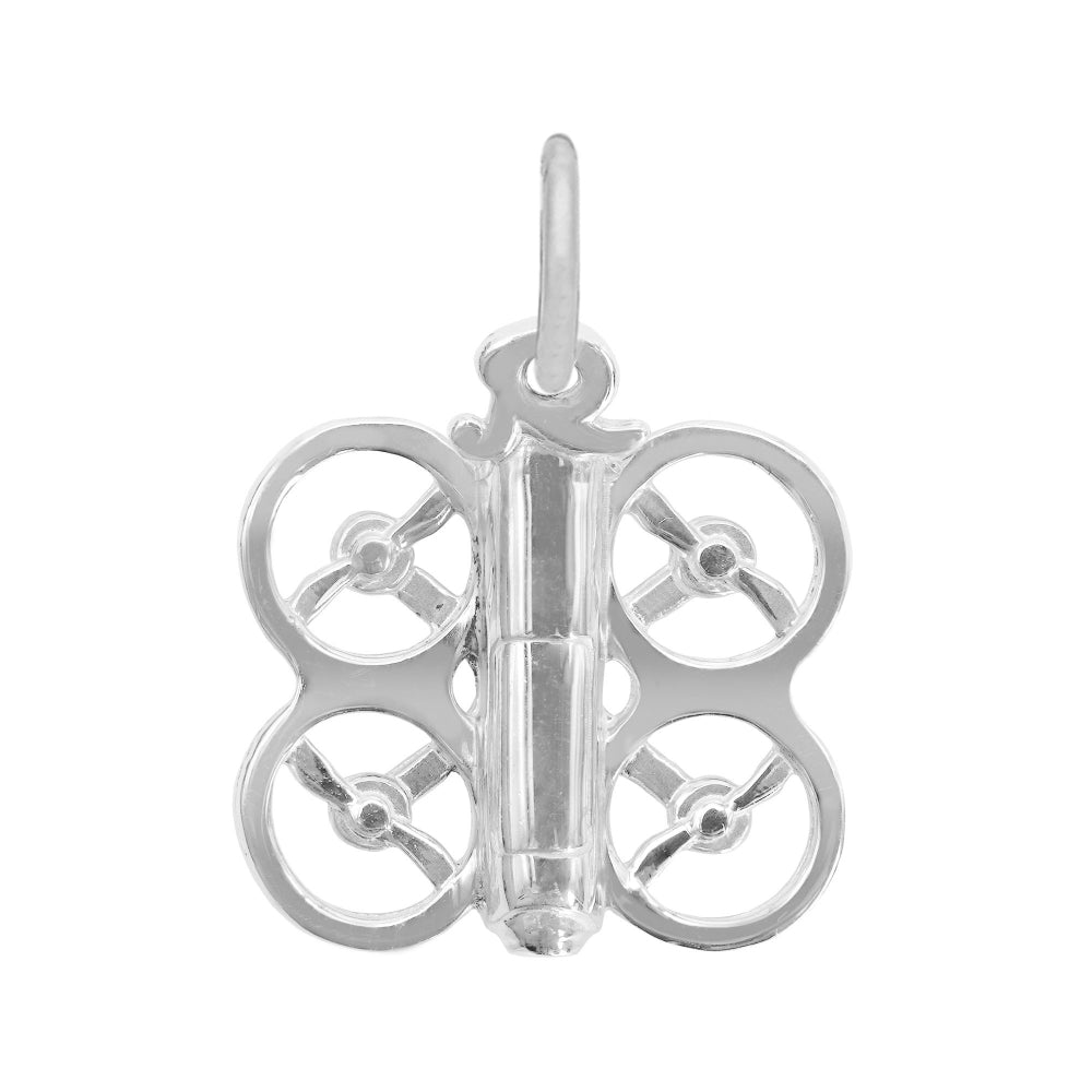 Silver drone-shaped pendant on a white background