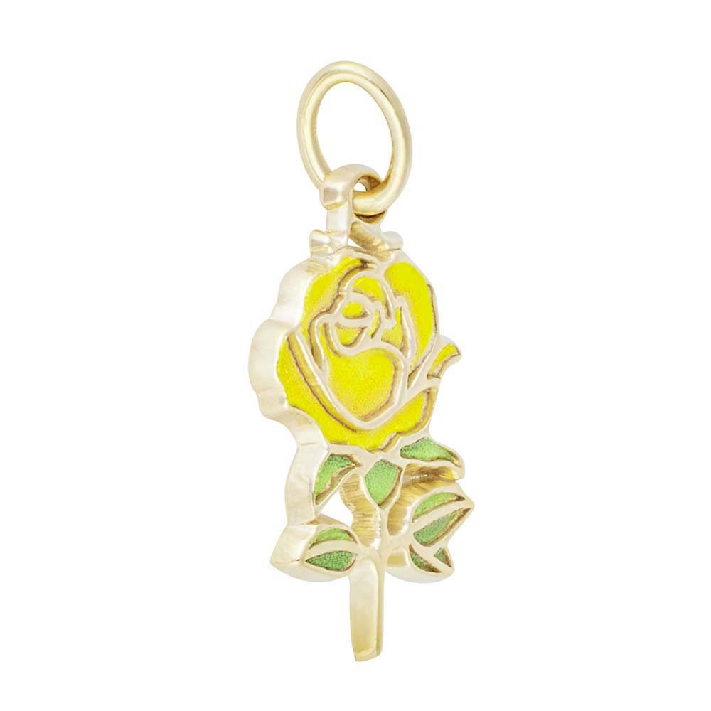 Angled view of a Gold Rose Charm painted yellow and green on a white background