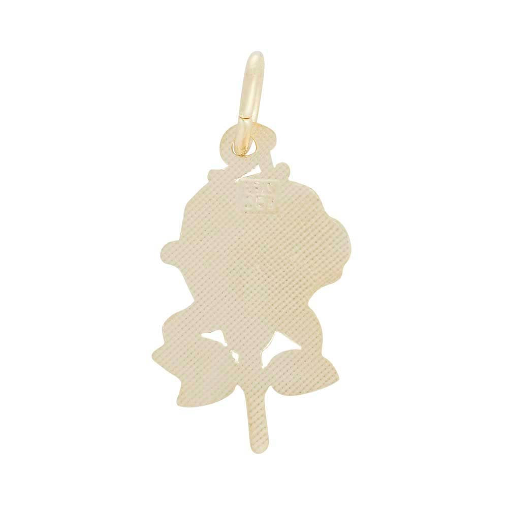 Reverse side of a Gold Rose Charm painted yellow and green on a white background