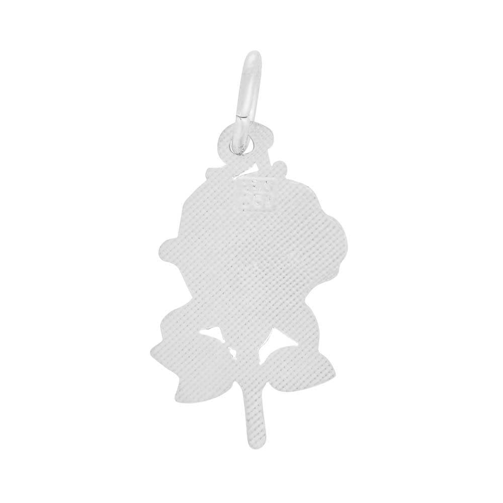 Reverse side of a Silver Rose Charm painted yellow and green on a white background