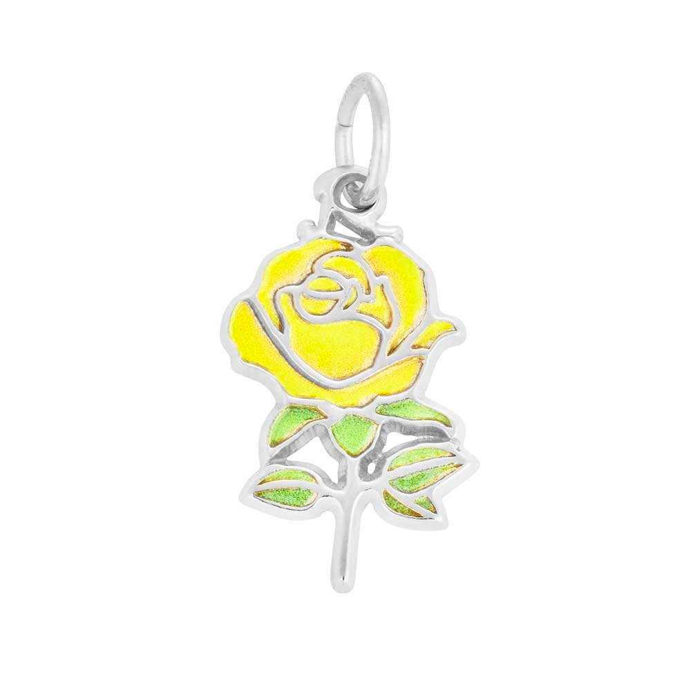 Silver Rose Charm painted yellow and green on a white background