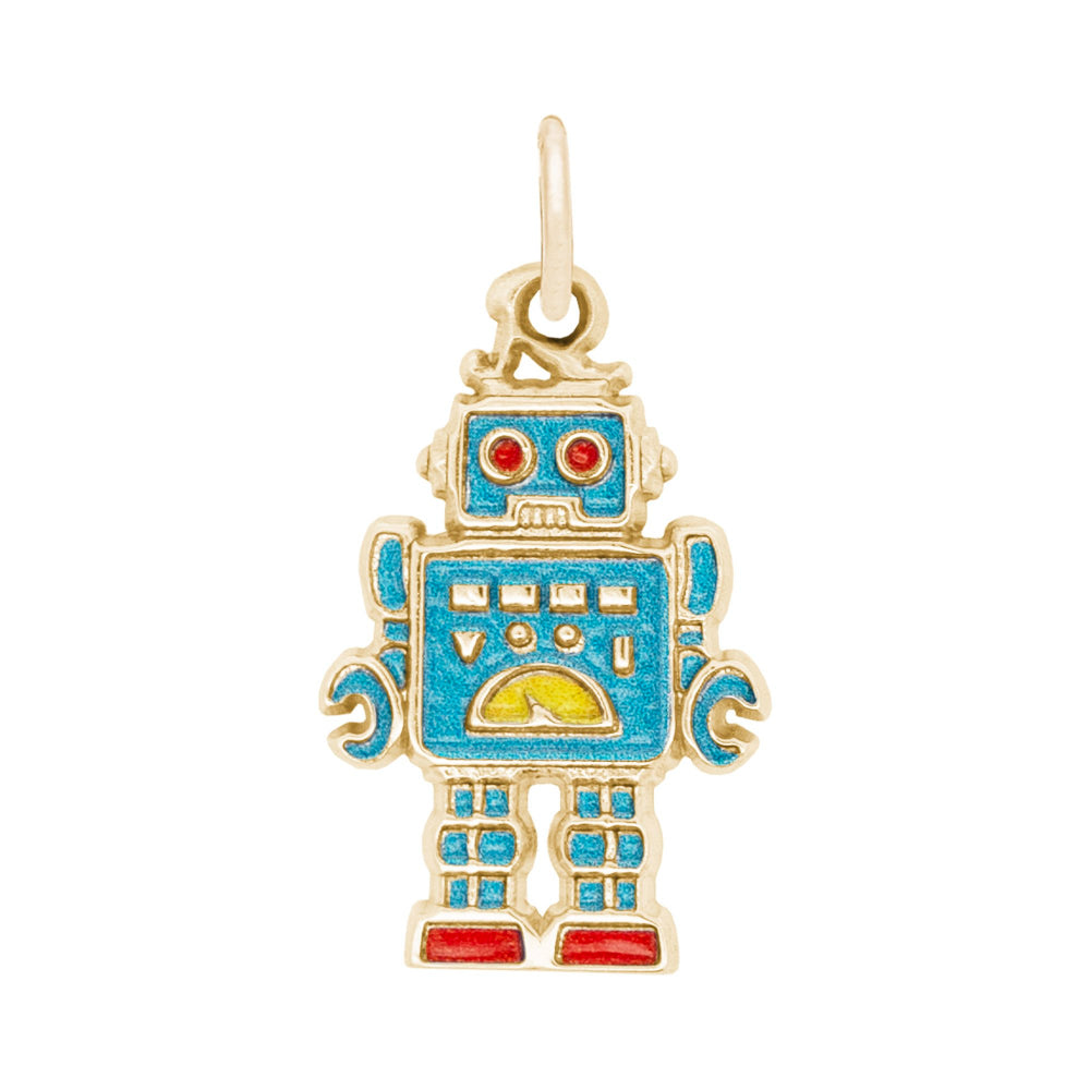 Gold robot charm with red, blue,  and yellow accents on a white background