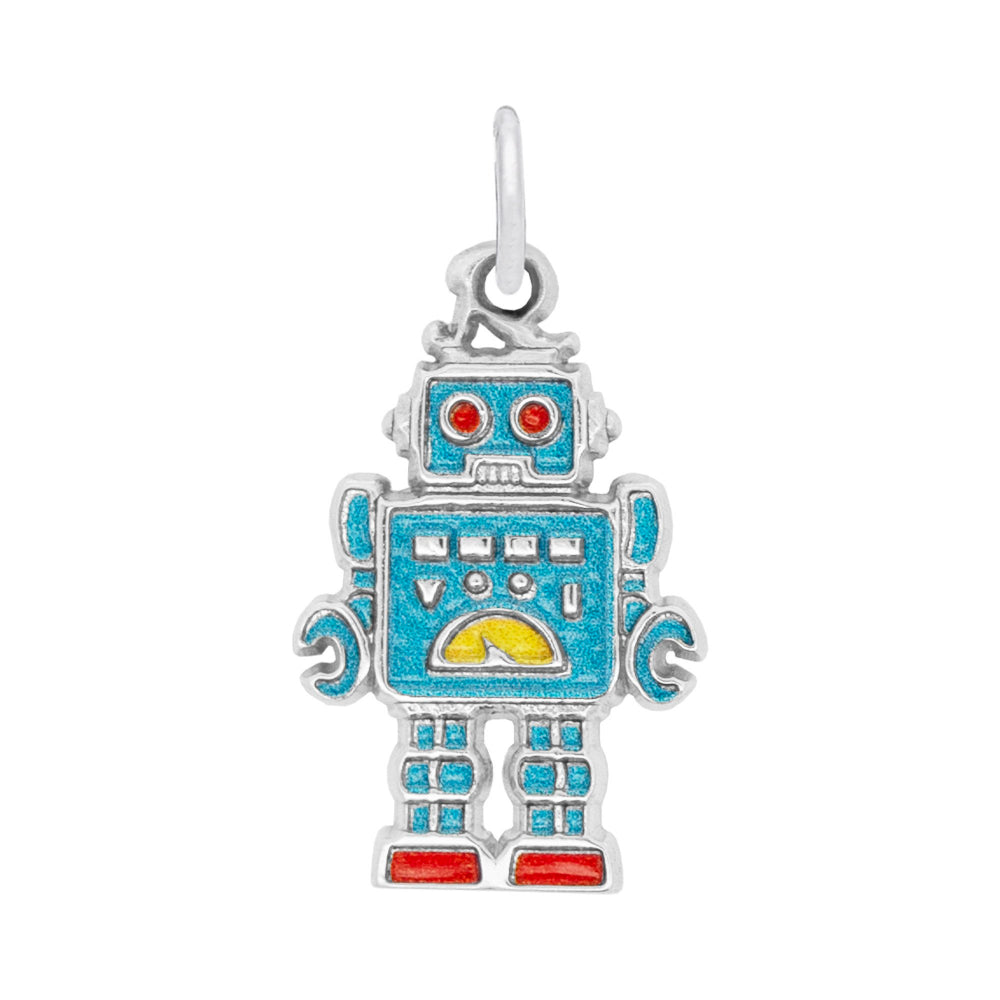 Silver robot charm with red, blue,  and yellow accents on a white background