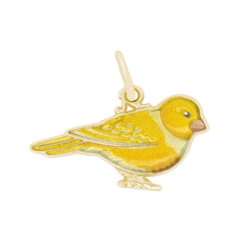 Yellow bird charm with a gold border on a white background