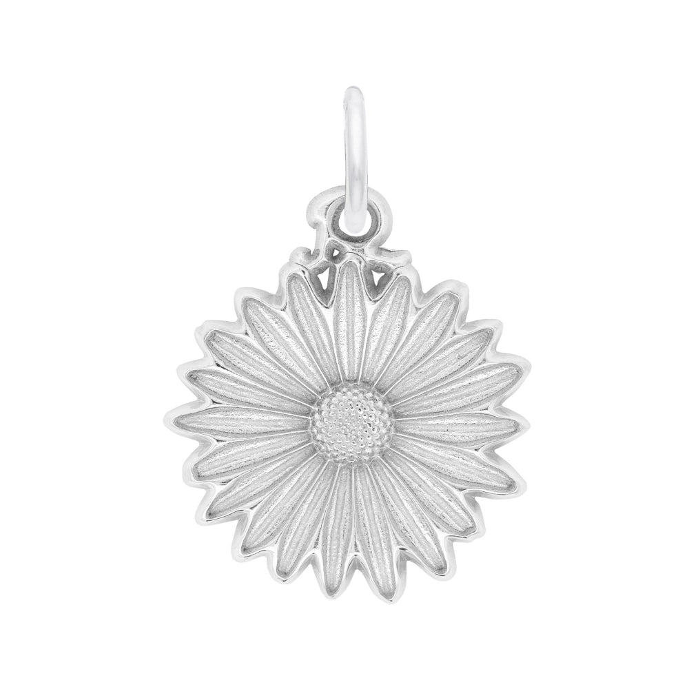 Silver flower-shaped pendant on a white background