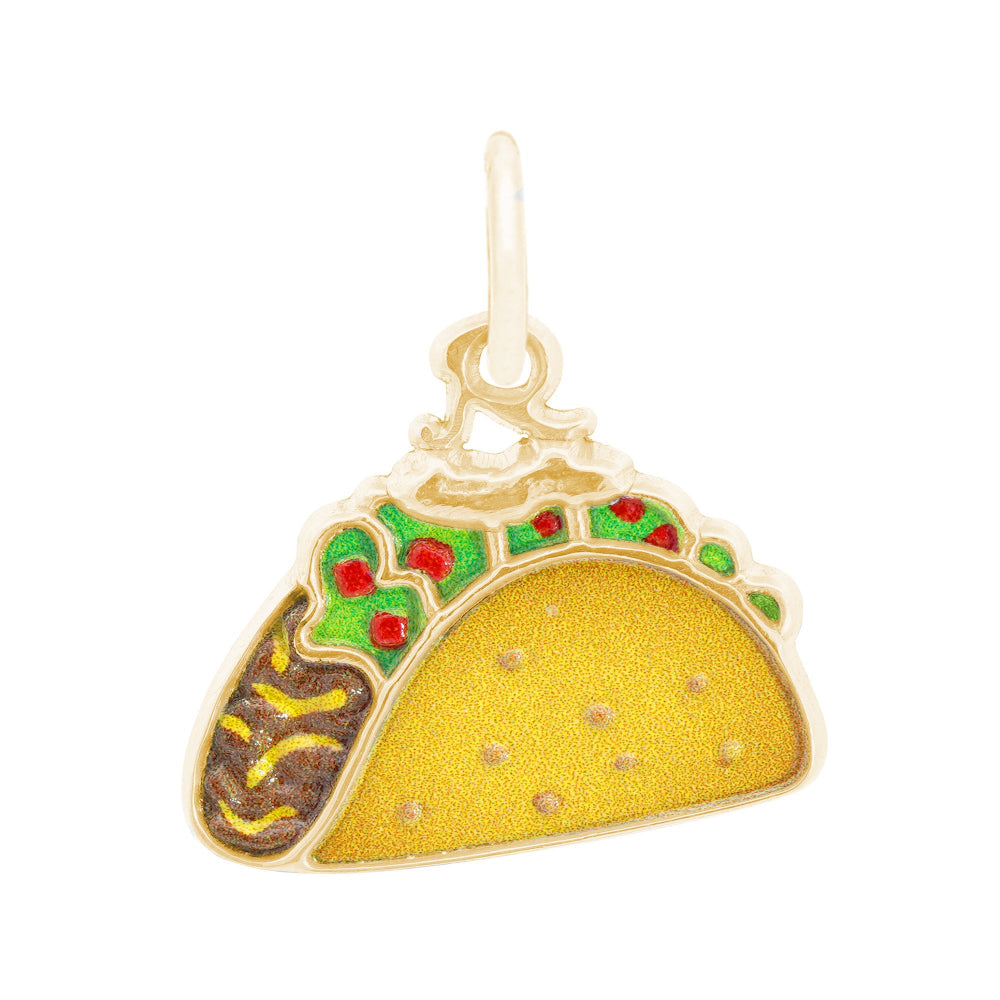 Taco-shaped pendant with gold trim on a white background