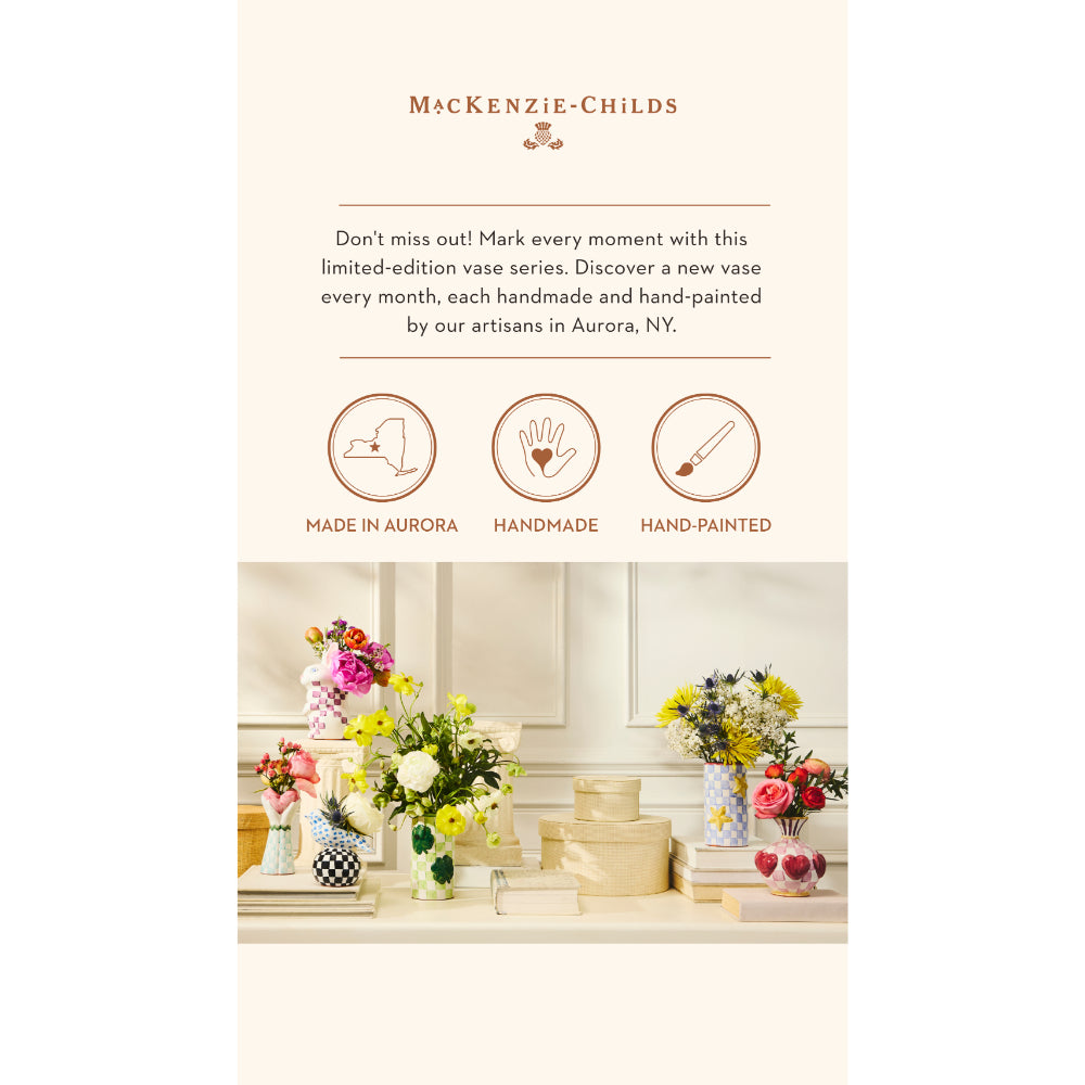 Advertisement for McKenzie-Childs vase series with text and images of vases.