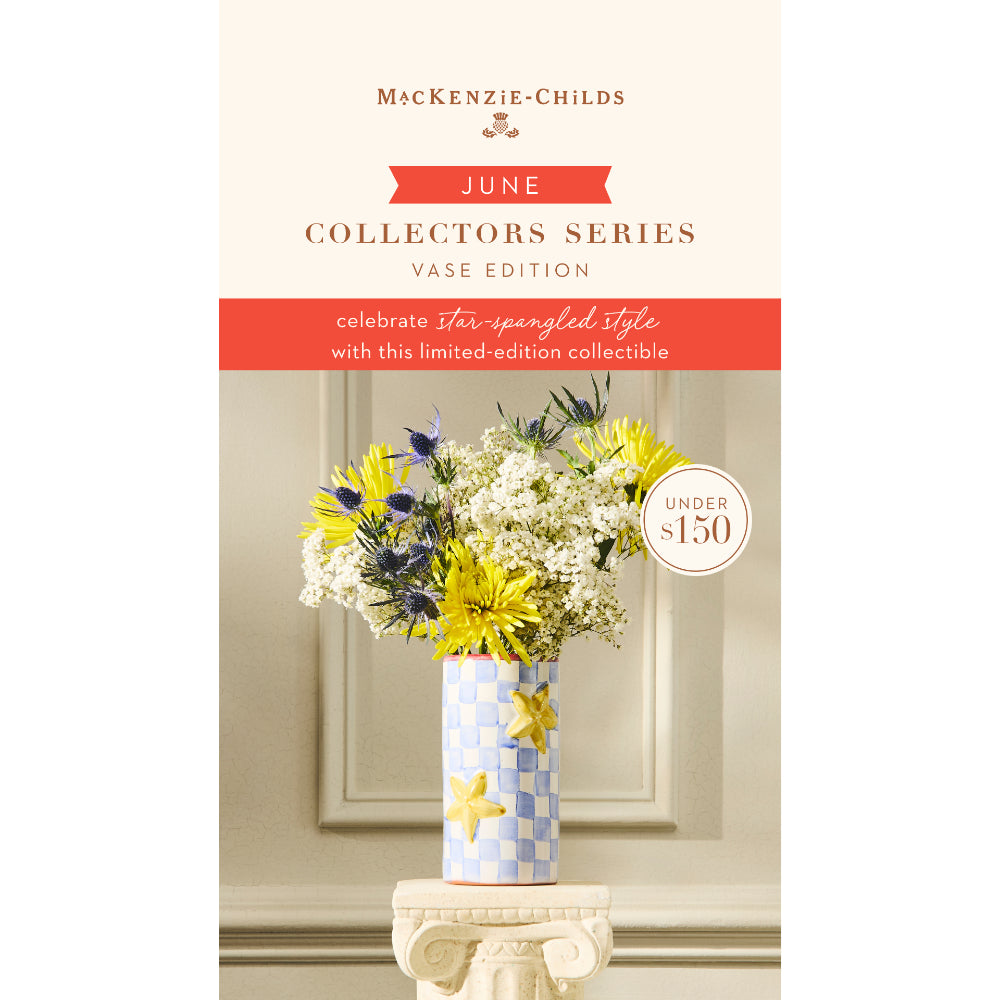 Mackenzie-Childs June Collectors Series vase with flowers and product information on a white background.