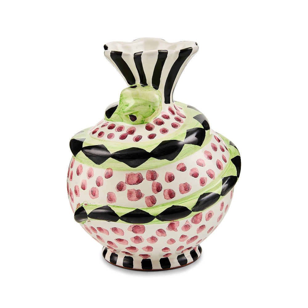 A decorative ceramic vase shaped like a stylized pomegranate, featuring a cream-colored body with pink speckles, black wavy stripes, and a light green interior visible at the neck.