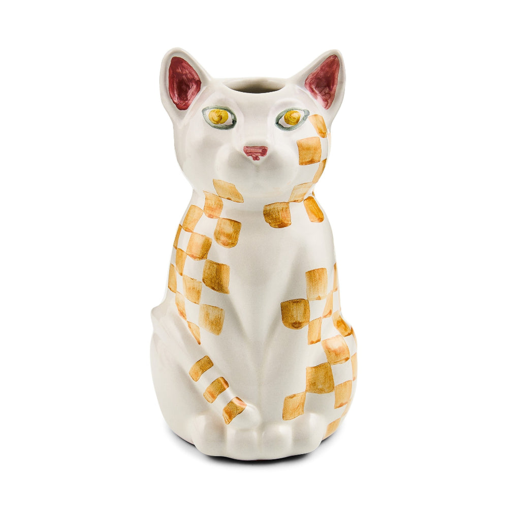 A ceramic cat-shaped planter with a white body, orange and yellow checkerboard pattern, and yellow eyes, shown on a plain white background.