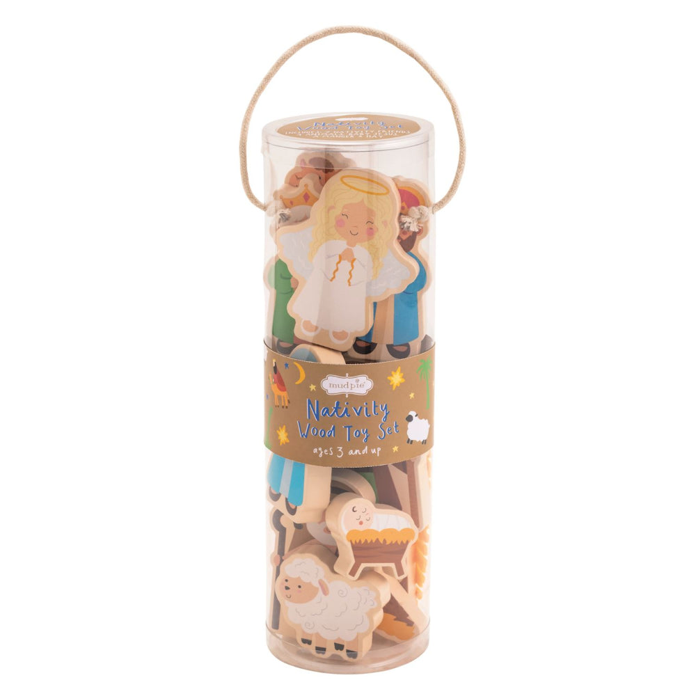 Nativity wooded play set in a clear container on a white backround. 