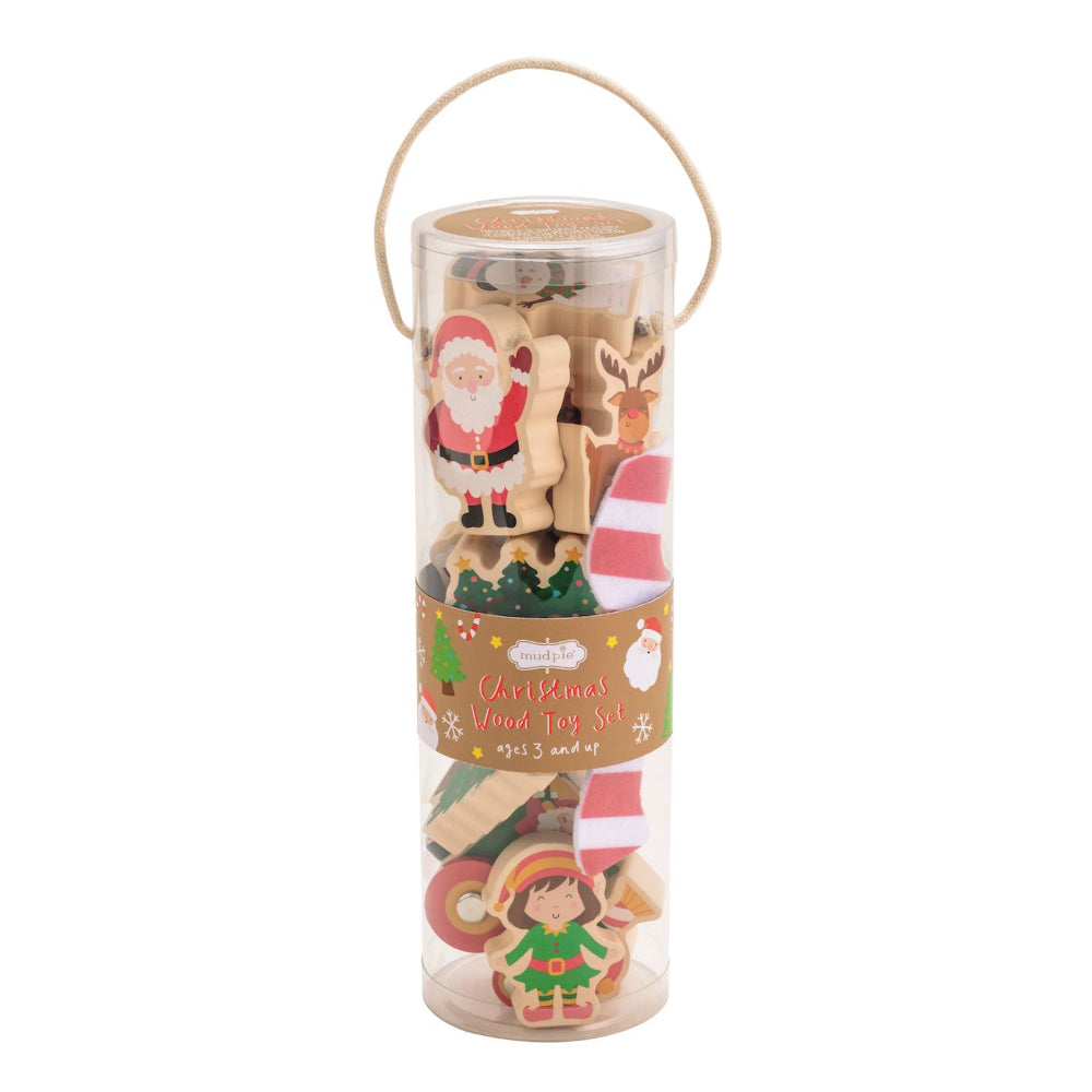 Set of Christmas-themed wooden toys in a cylindrical packaging on a white background.