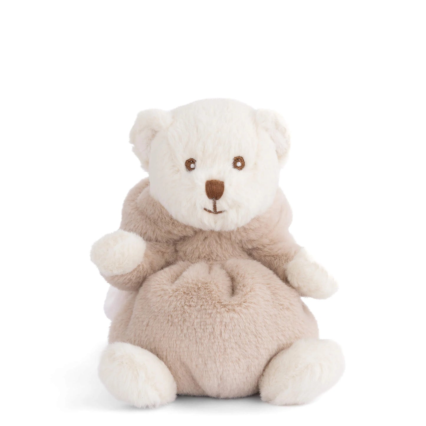 A white teddy bear in a beige robe with hood off on a white background.