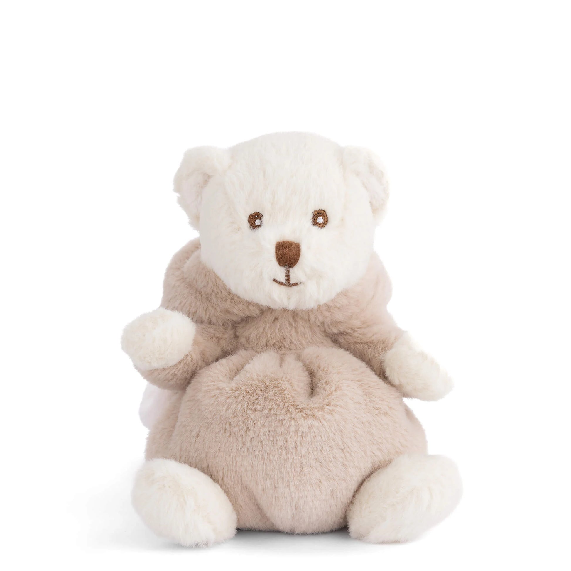 A white teddy bear in a beige robe with hood off on a white background.
