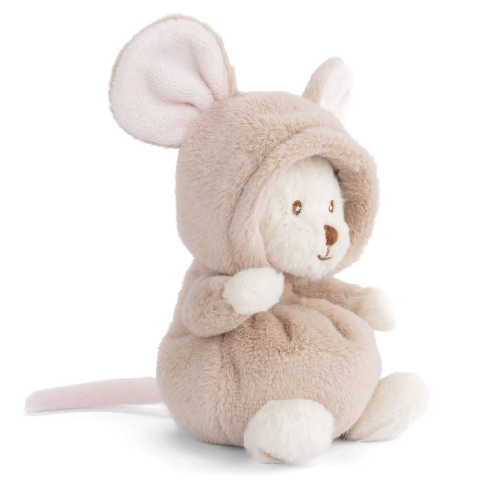 A angled side photo of a white teddy bear in a beige mouse themed robe with hood on a white background.