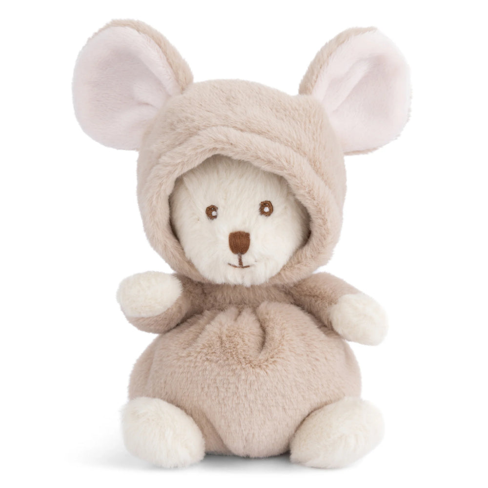 A white teddy bear in a beige mouse  themed robe with hood on a white background.