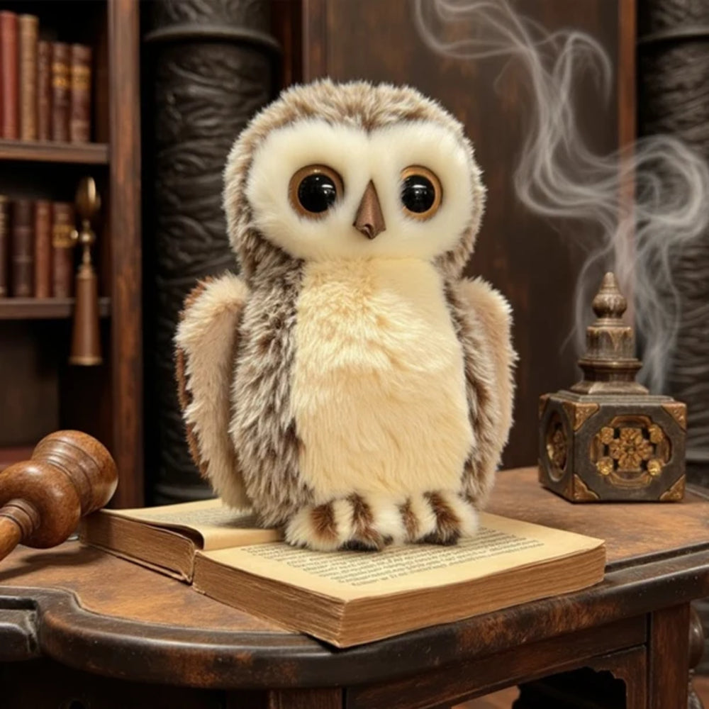 Stuffed owl on an open book in a cozy, book-lined room with a smoking lantern.