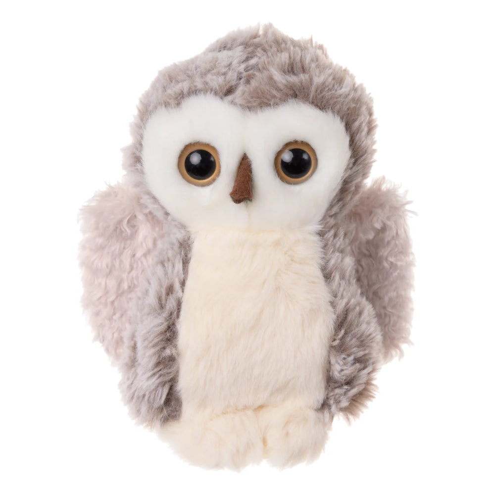A plush owl toy with fluffy gray and cream fur, large round brown eyes, and a small brown beak, photographed on a plain white background.