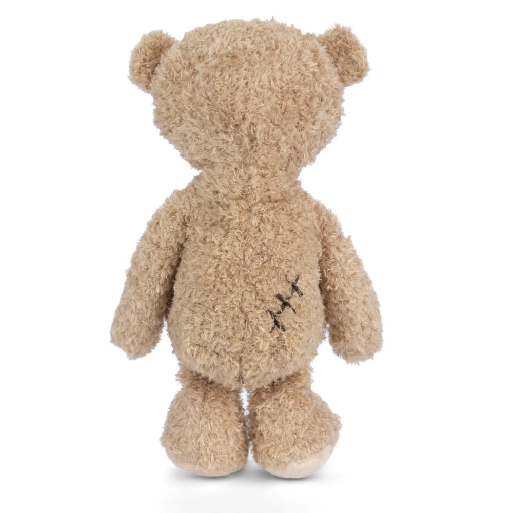 A side photo of the back of a beige stuffed bear standing with a scar on its head and a wound on its side, wearing a red and white checkered shirt, sitting upright with the phrase 'Nobody is Perfect' printed on its foot.