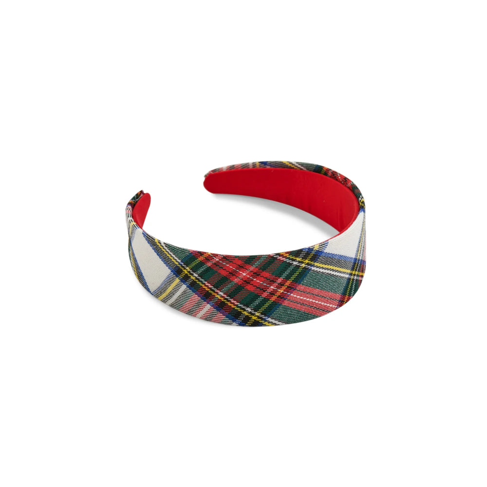 A padded fabric headband featuring a red, green, and blue tartan plaid pattern on the exterior, with a solid red padded interior, shown on a plain white background.