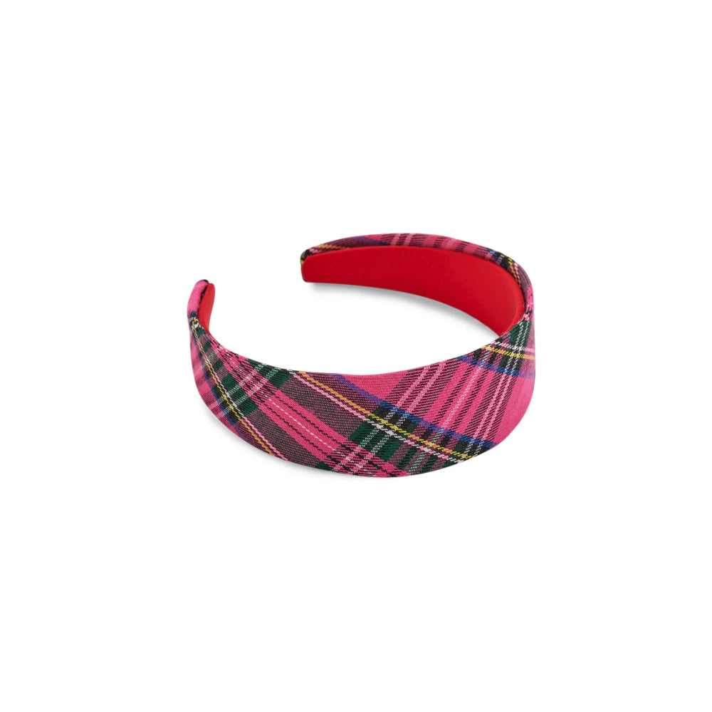A curved fabric headband featuring a vibrant pink, green, and red tartan plaid pattern on the exterior, with a solid red interior lining, shown against a plain white background.