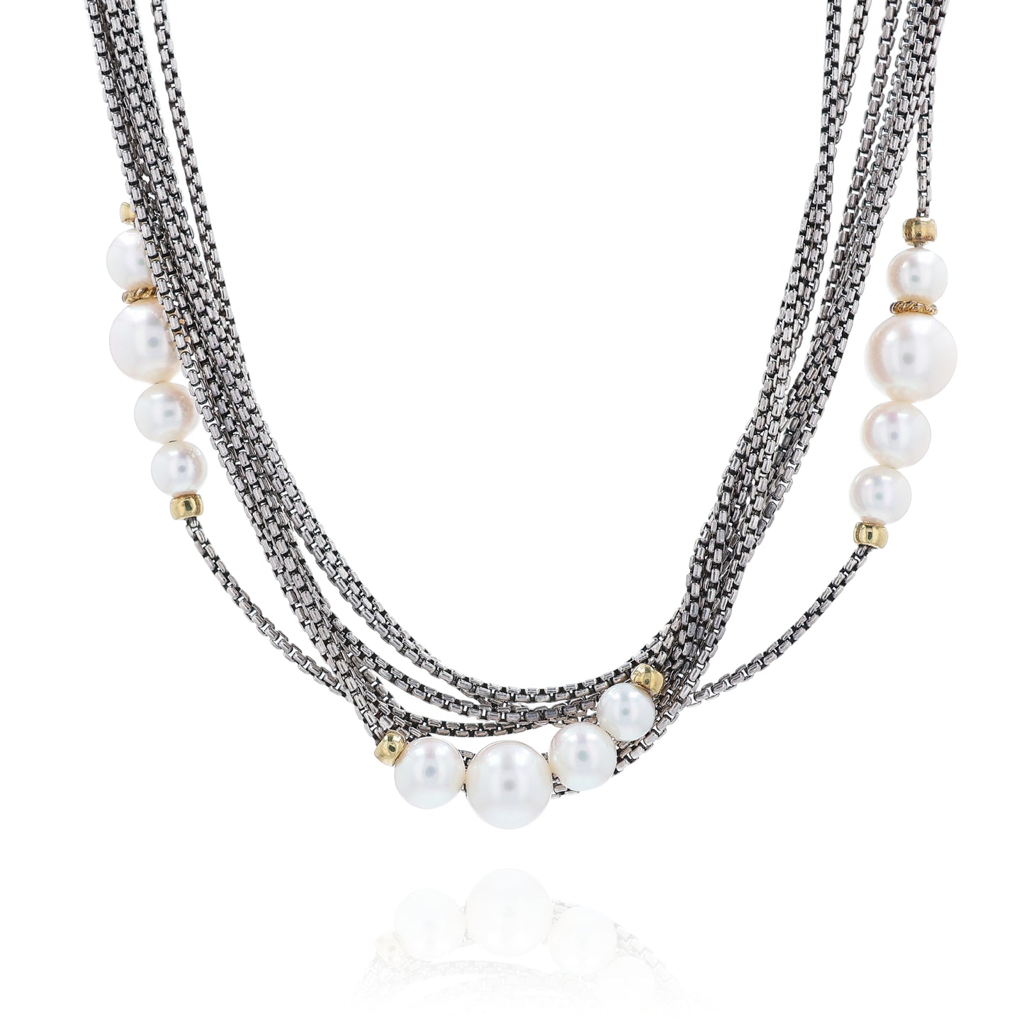 Estate David Yurman Two Tone Multi-Strand Box Link Chain Pearl Necklace