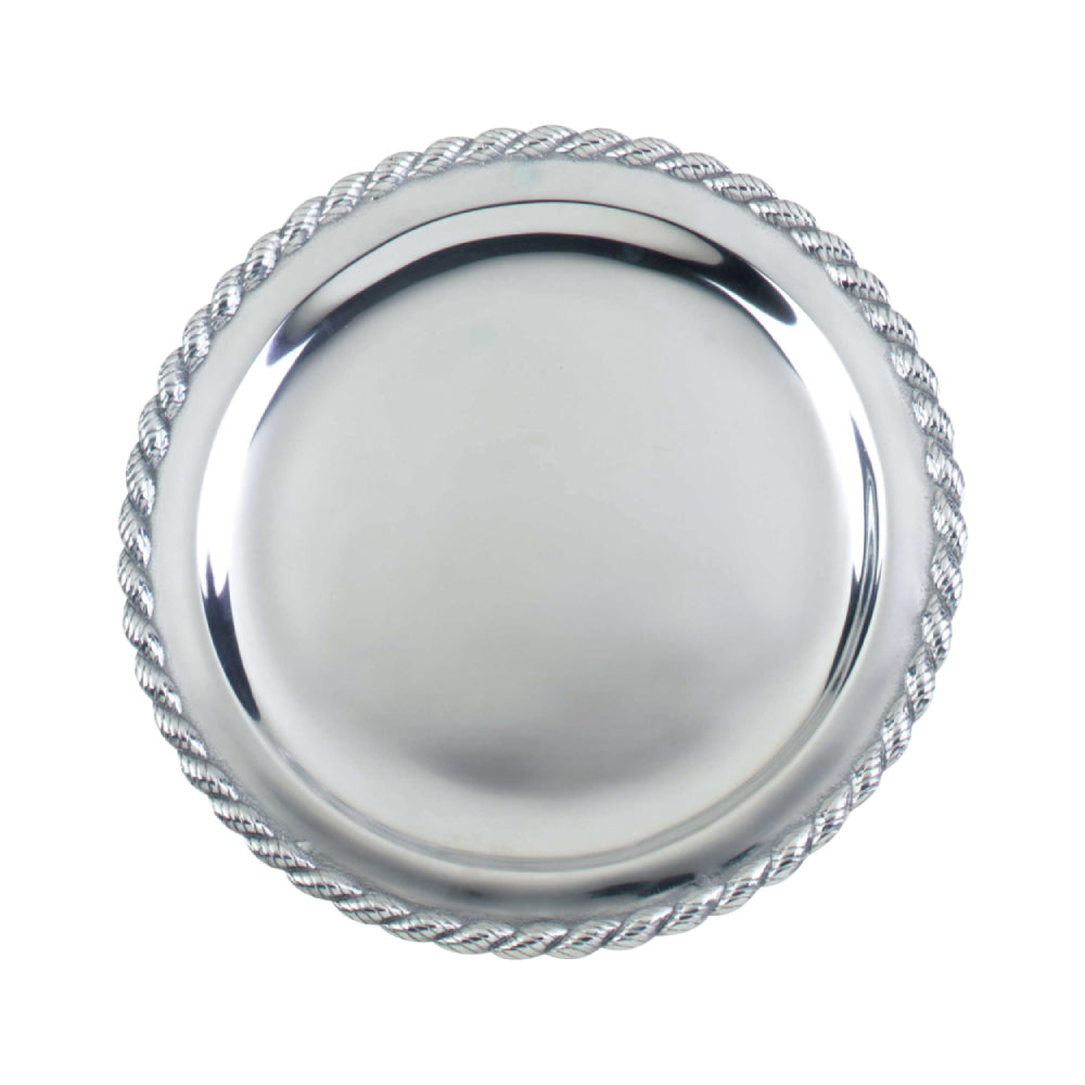Silver round tray with rope-like pattern on a white background.