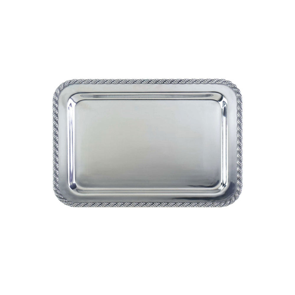 A rectangular silver metal serving tray with a smooth reflective center and a textured rope-style border, shown on a plain white background.