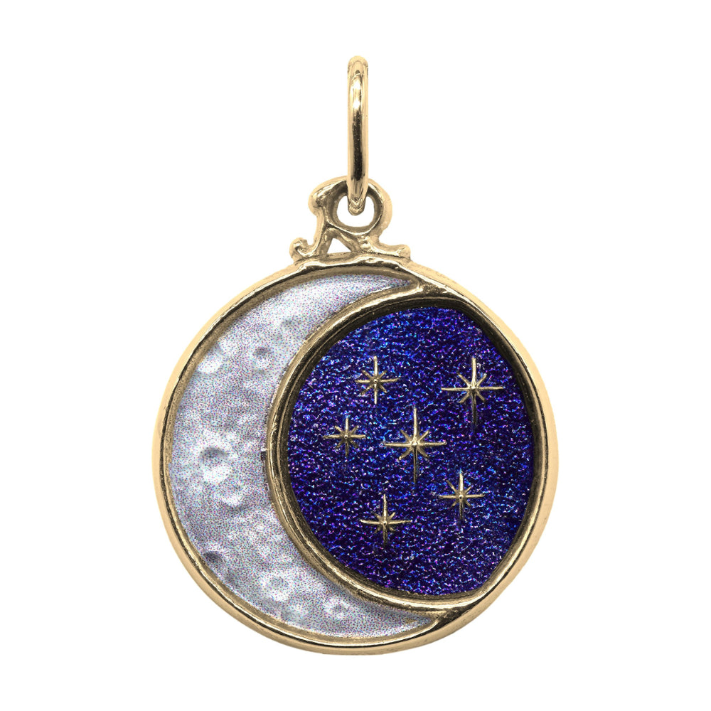 Gold Charm With Painted Moon and Stars Design