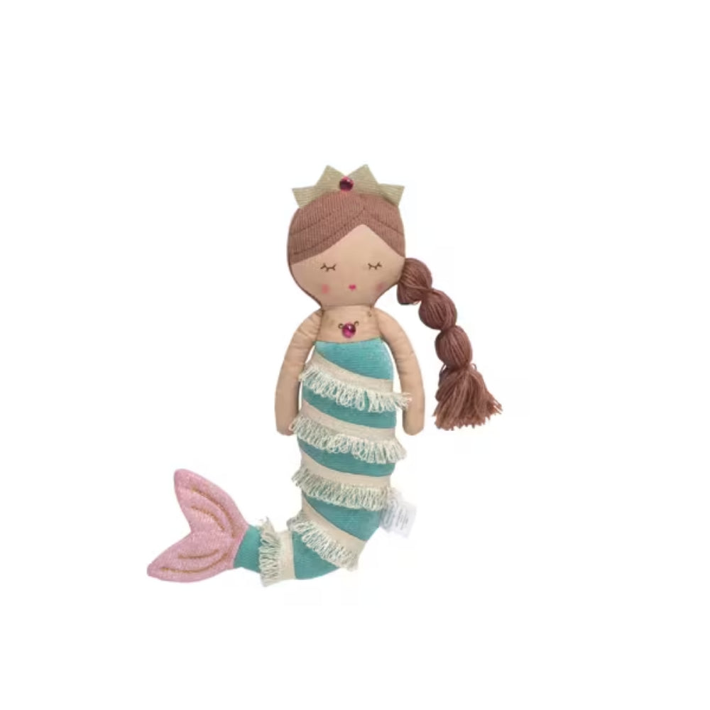 Brunette haired mermaid doll with a pink tail and blue dress on a white background.