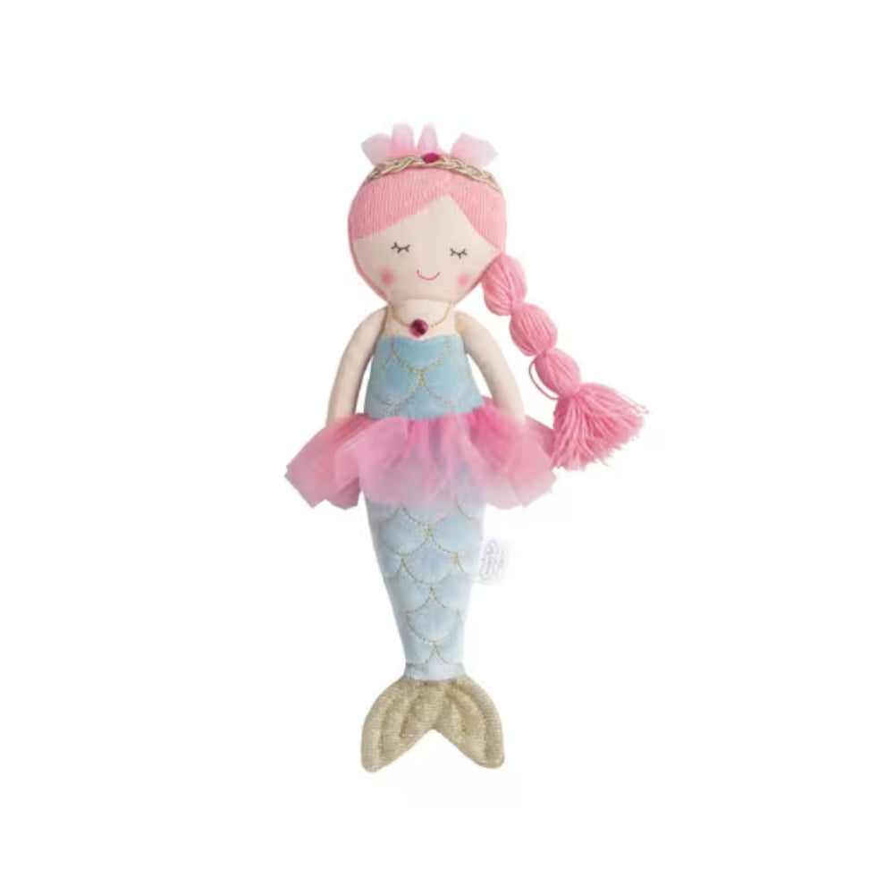 Mermaid doll with pink hair and a blue dress on a white background.