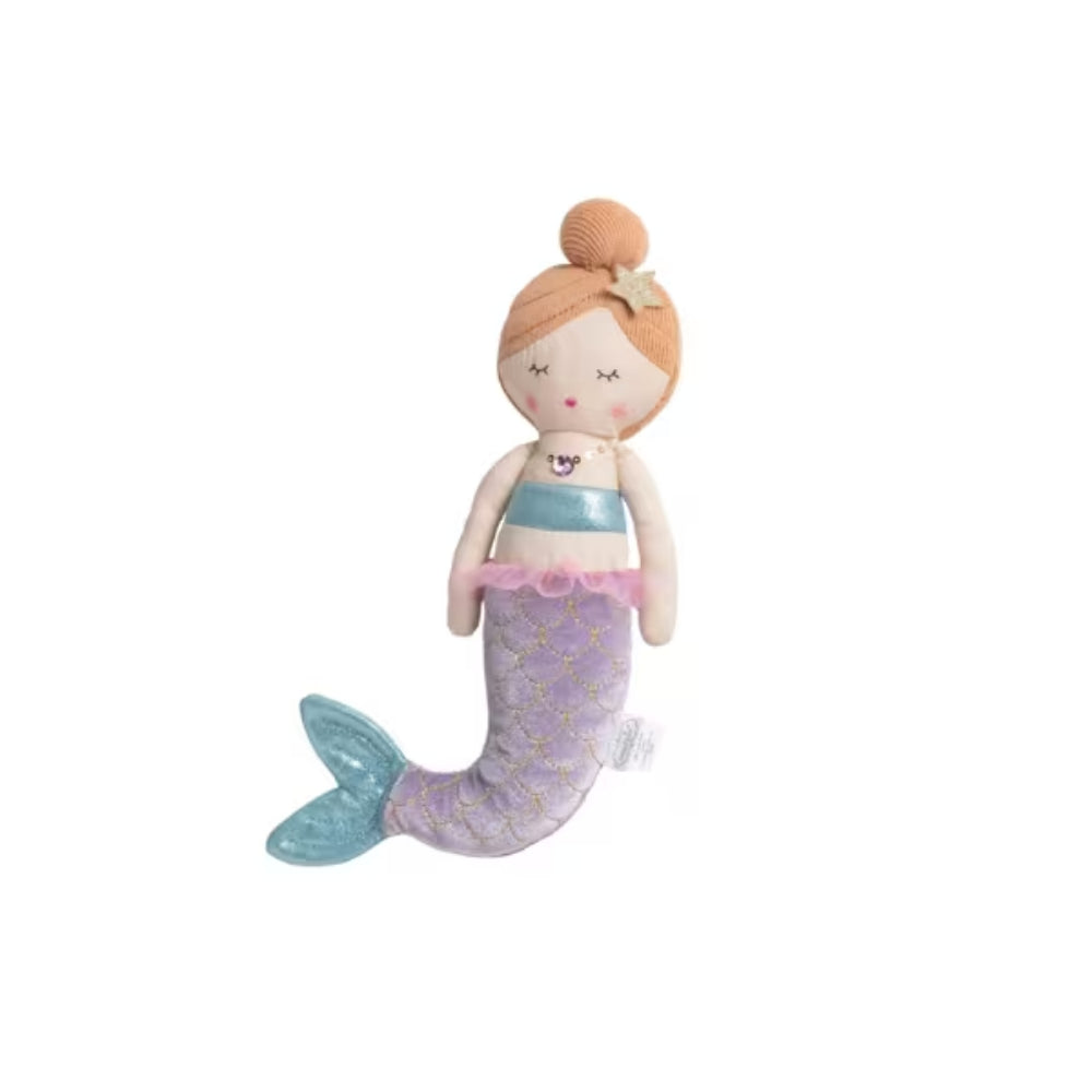 Orange haired mermaid toy with a purple tail and blue top on a white background.