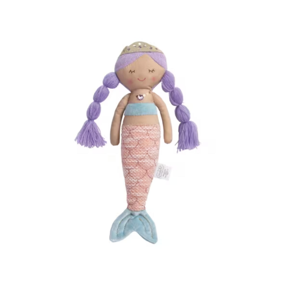 Mermaid doll with purple hair and a pink and blue tail on a white background.