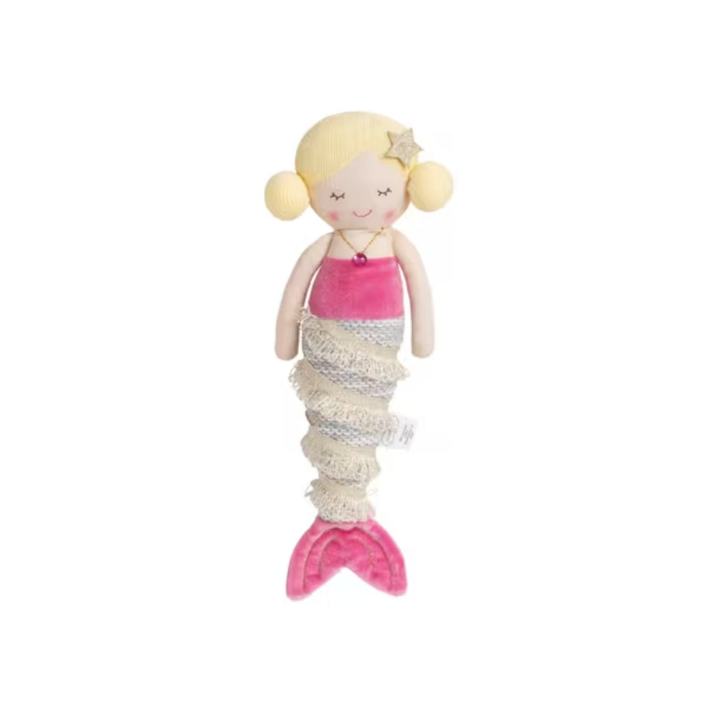 Mermaid toy with blonde hair and pink tail on a white background.