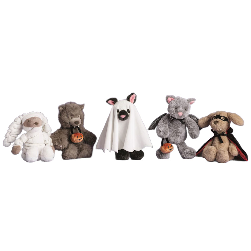 Five plush stuffed animals dressed in Halloween costumes, including a bunny in a mummy outfit, a werewolf holding a pumpkin, a ghost cat in a white sheet, a cat in a gray wingsuit holding a pumpkin, and a dog in a black vampire cape, arranged in a row on a white background.