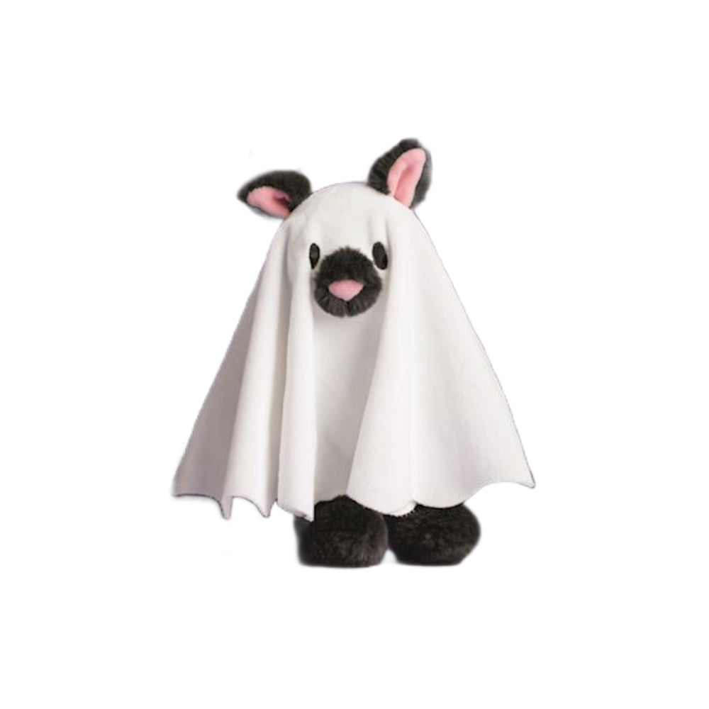 A cute plush toy shaped like a cat wearing a white ghost costume, featuring black ears, pink inner ears, a pink snout, and black paws, isolated on a white background.