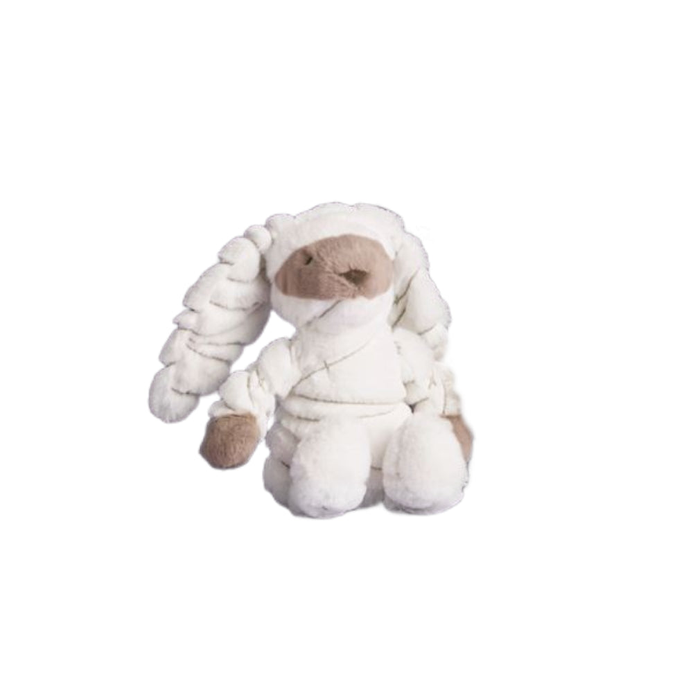 A plush stuffed animal shaped like a bunny, wearing a mummy costume, shown against a plain white background.