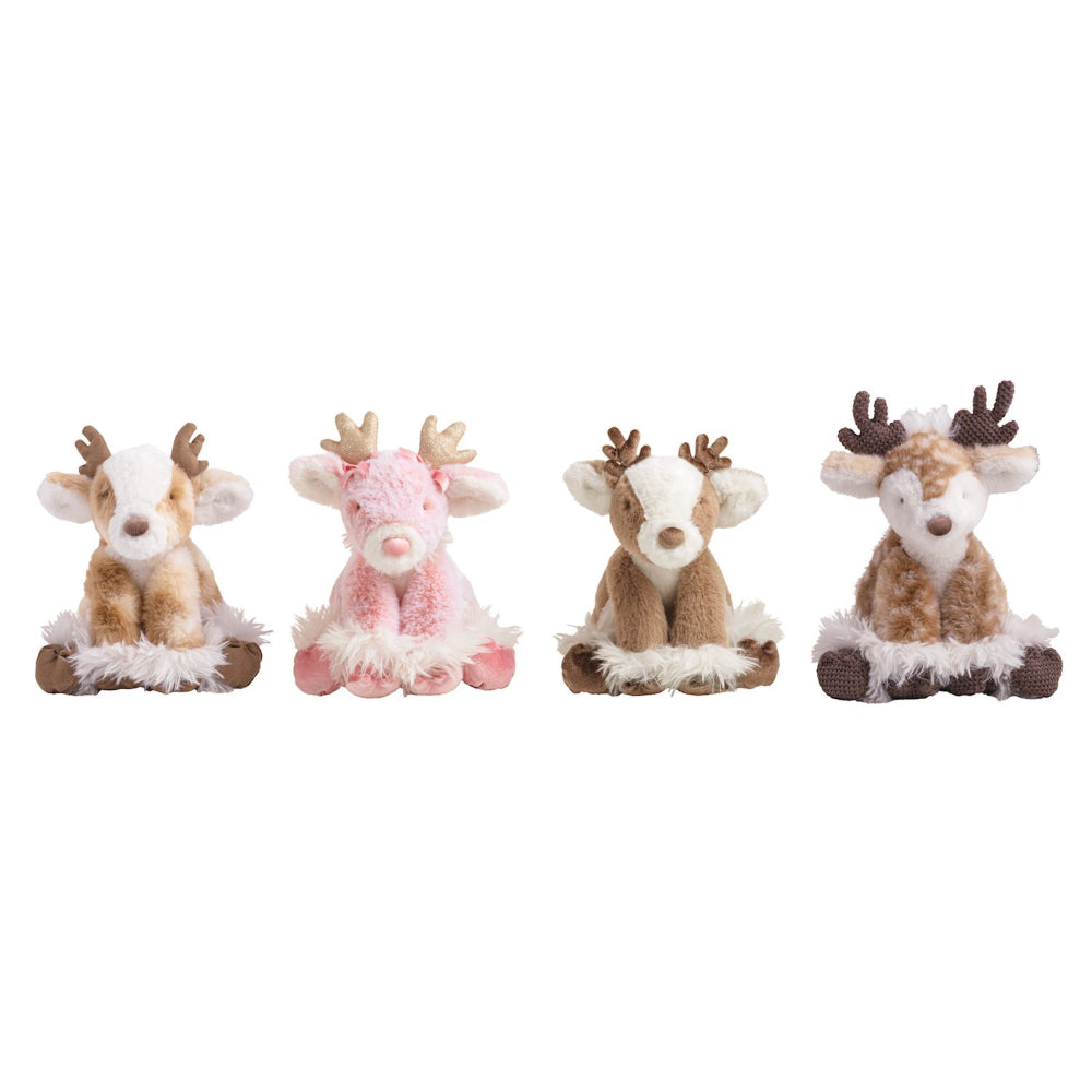 Four plush deer toys in different colors on a white background
