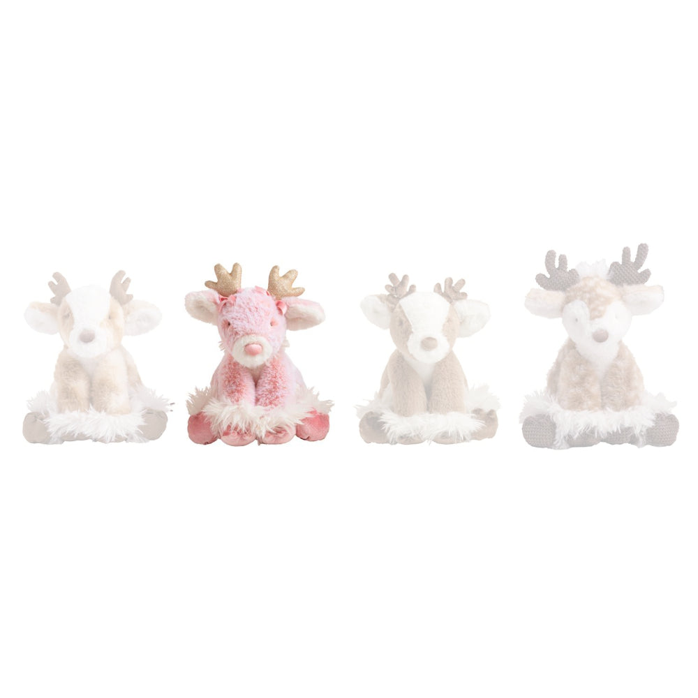 Four plush reindeer toys lined up on a plain white background. Three are light beige and white, and one is pink with beige accents.